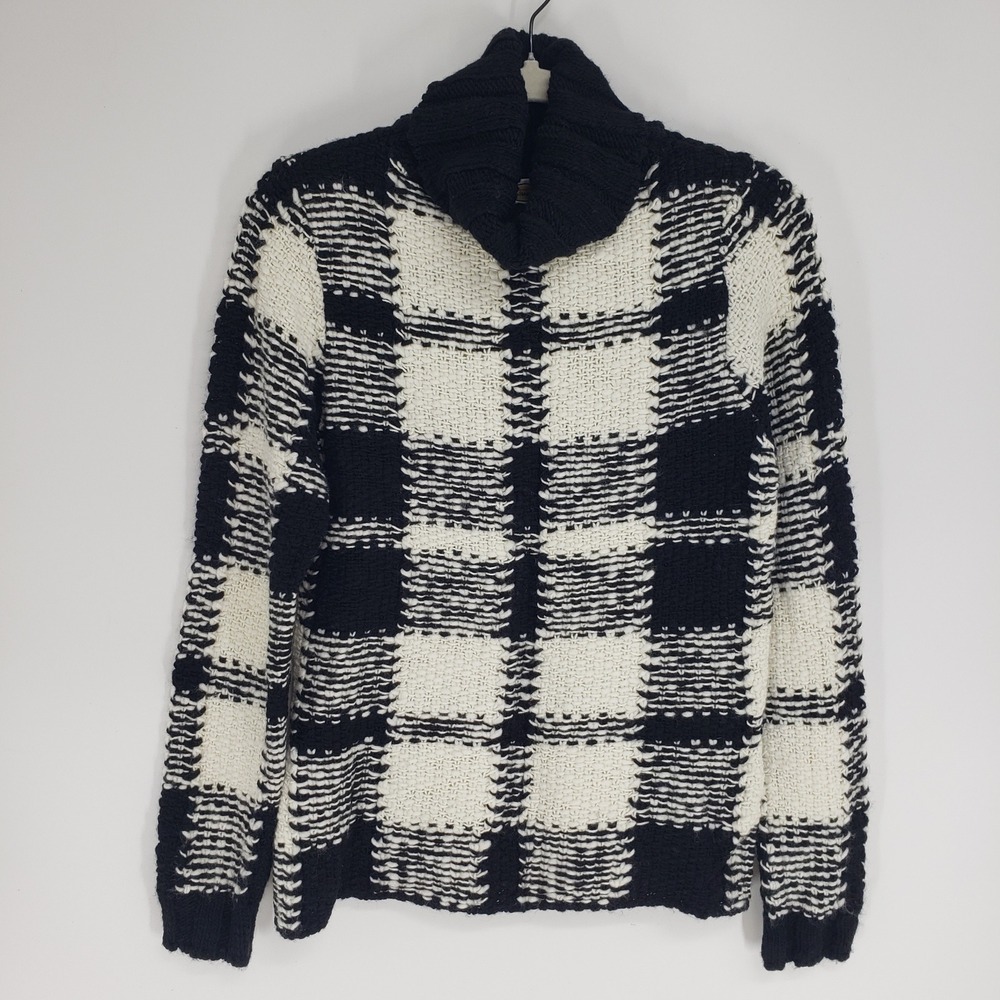 Talbots Plaid Turtleneck Sweater Women Sz M Black Cream Chunky Wool Blend Italy